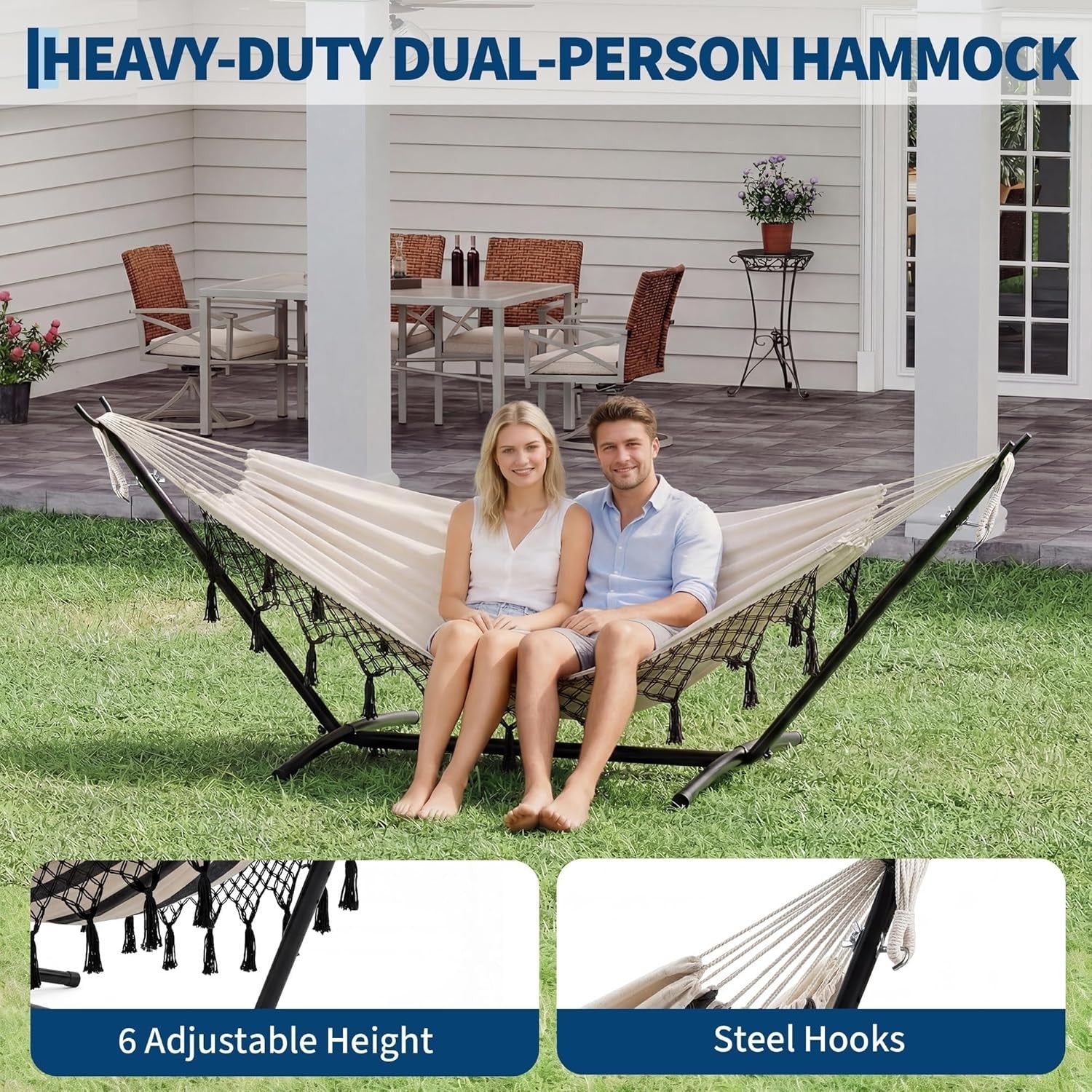 Outdoor Double Hammock with Stand 200x150cm Bohemian Hammock Hanging Chair