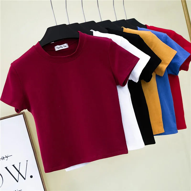 Women Summer Hot Selling Basic Design Solid Pure Color Women Top T Shirt