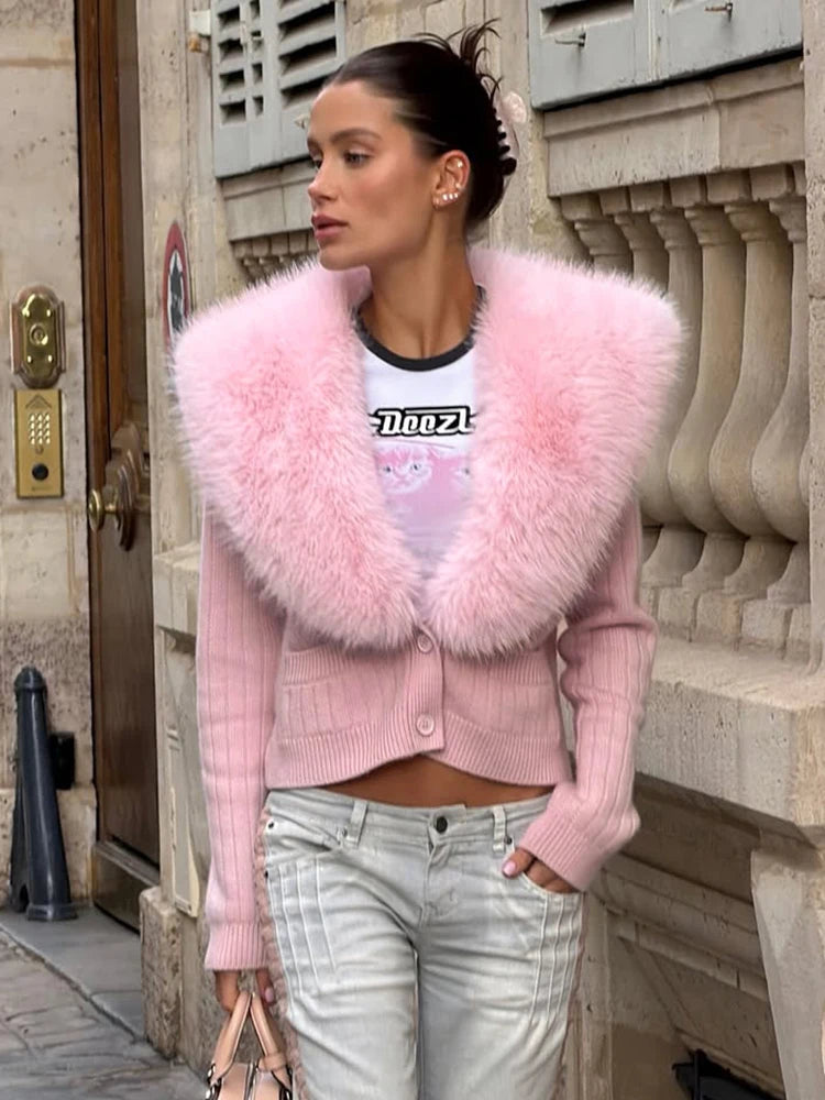 Trendix Black Knit Cardigan For Women Winter Detachable Faux Fur Collar Short Tops Street Slim Party Elegant Outerwear Top Femme