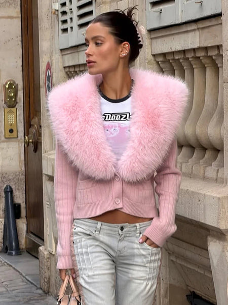Trendix Black Knit Cardigan For Women Winter Detachable Faux Fur Collar Short Tops Street Slim Party Elegant Outerwear Top Femme