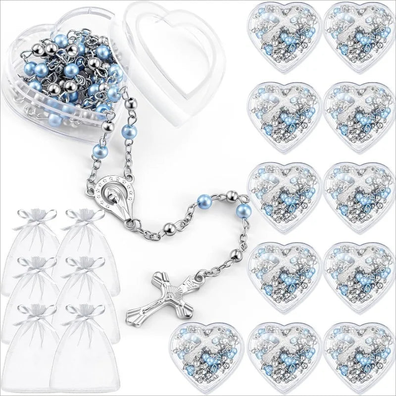 10pcs Catholic Rosary Necklace 4mm Glass Beads Favors Crucifix Prayer Faux Pearl with Heart Box for First Communion Baptism