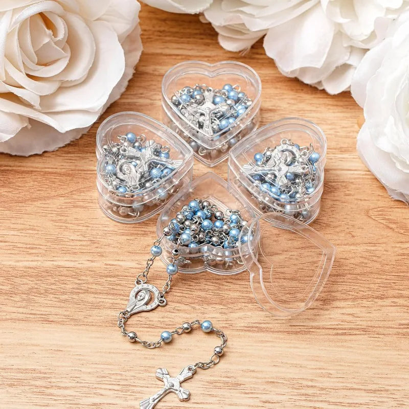 10pcs Catholic Rosary Necklace 4mm Glass Beads Favors Crucifix Prayer Faux Pearl with Heart Box for First Communion Baptism