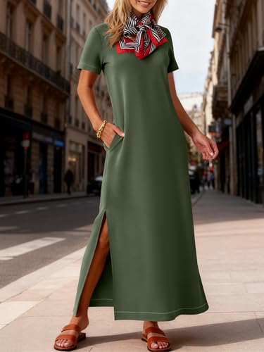 ANRABESS Womens Summer Casual Maxi Dress Short Sleeve Crewneck Split Wrinkle-Free Travel Long Sundress Beach Vacation Clothes