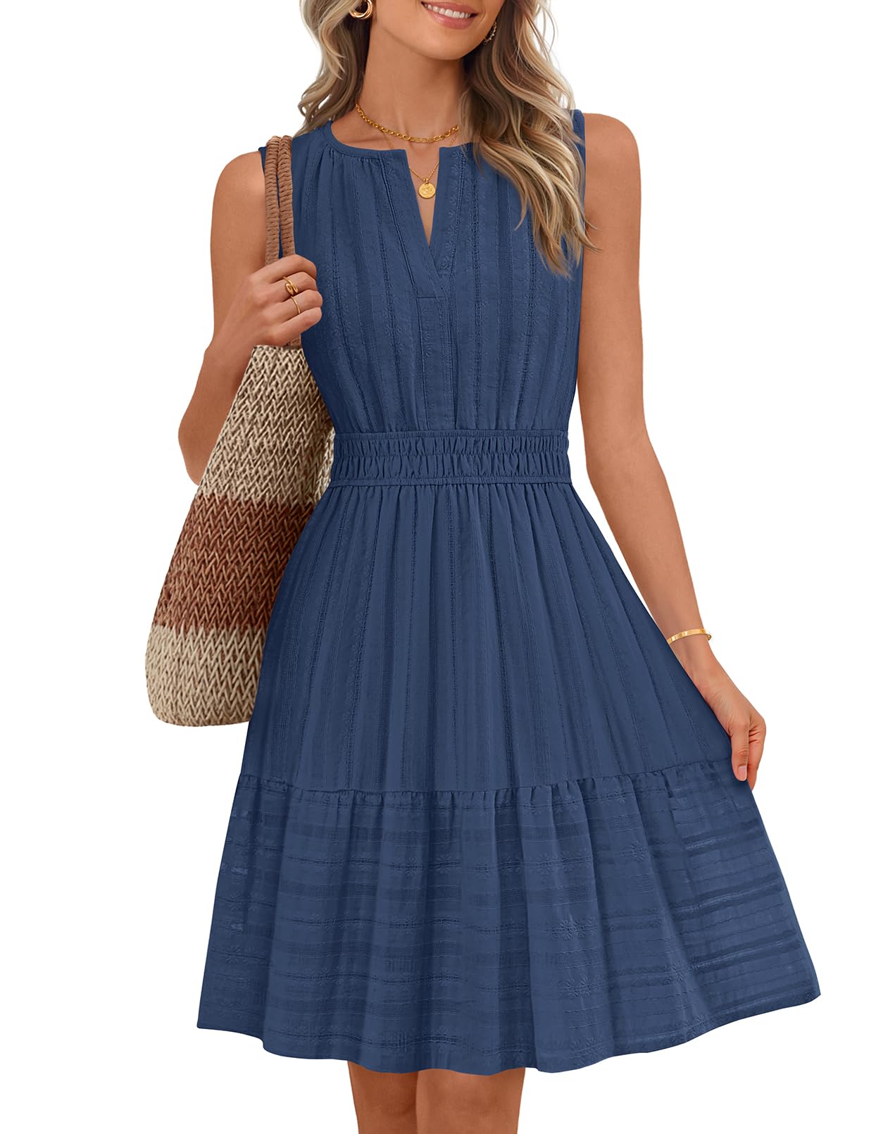 MEROKEETY Women's 2026 Summer Casual Mini Sundress Beach Vacation Sleeveless V Neck Flowy A Line Dress with Pockets