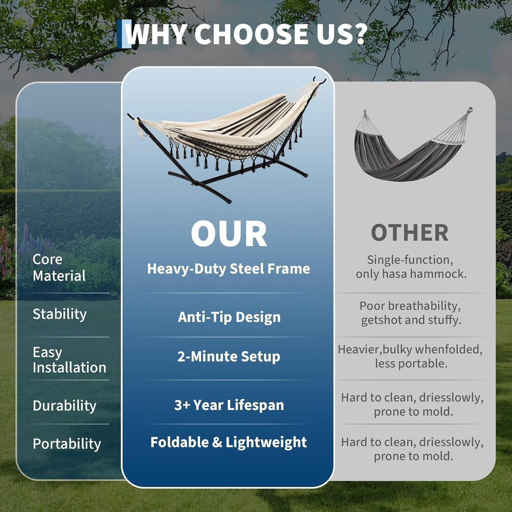 Outdoor Double Hammock with Stand 200x150cm Bohemian Hammock Hanging Chair