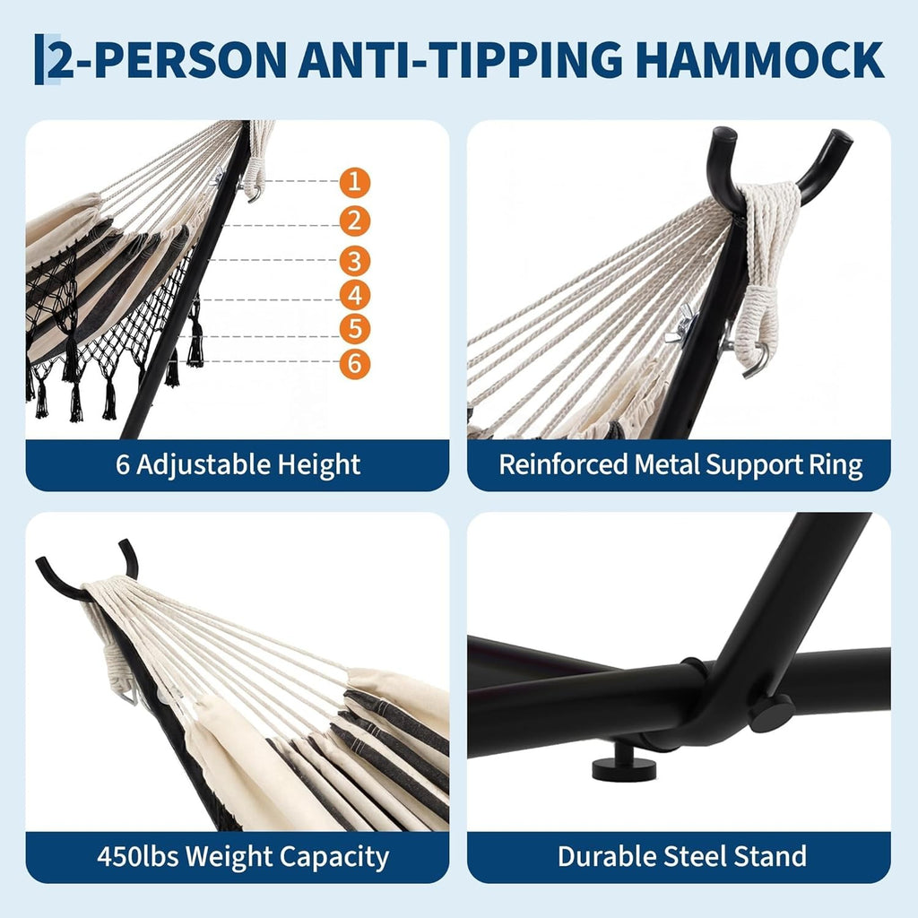 Outdoor Double Hammock with Stand 200x150cm Bohemian Hammock Hanging Chair