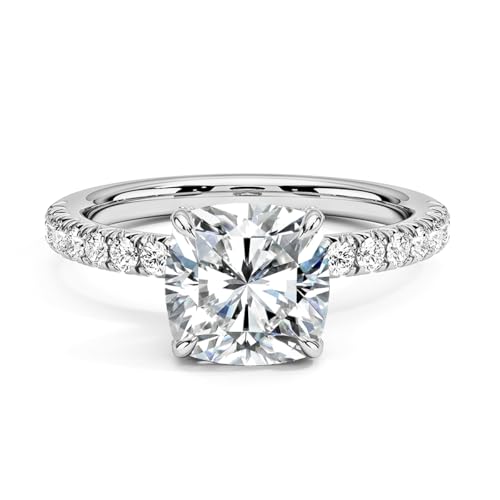 2ct Cushion Cut Moissanite Rings for Women, D Color VVS1 Clarity Lab Created Diamond Rings 14K White Yellow Gold Vermeil Moissanite Engagement Rings for Women Wife Jewelry Gifts