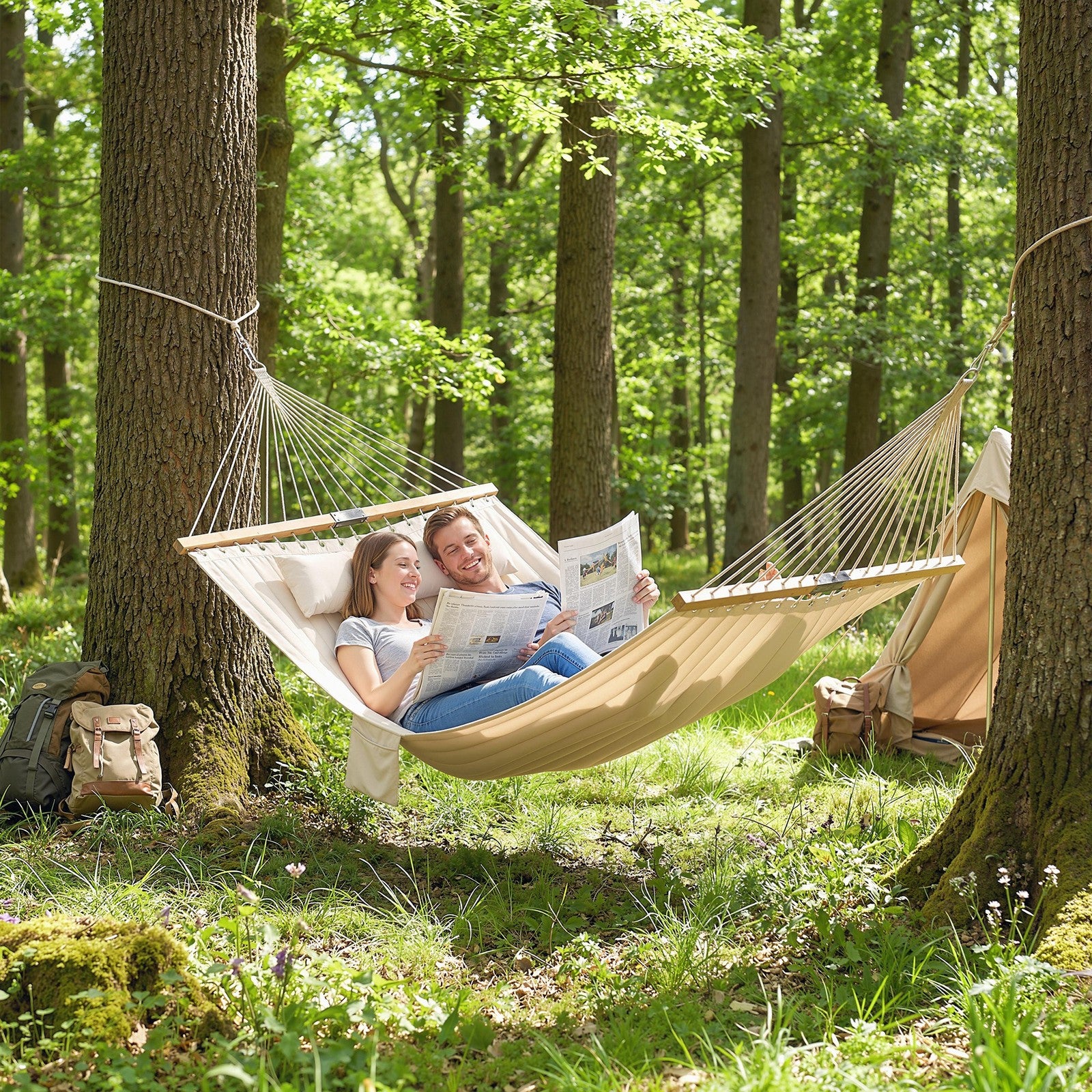 Outsunny Double Hammock 2-Person Padded Swing Bed Cream White