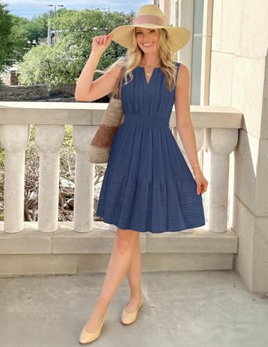 MEROKEETY Women's 2026 Summer Casual Mini Sundress Beach Vacation Sleeveless V Neck Flowy A Line Dress with Pockets