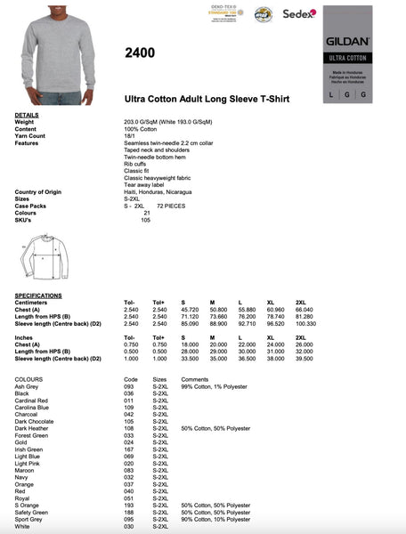 Gildan Mens Ultra Cotton Adult Long Sleeve T-Shirt Classic Fit Rib Cuffs Tee TOP