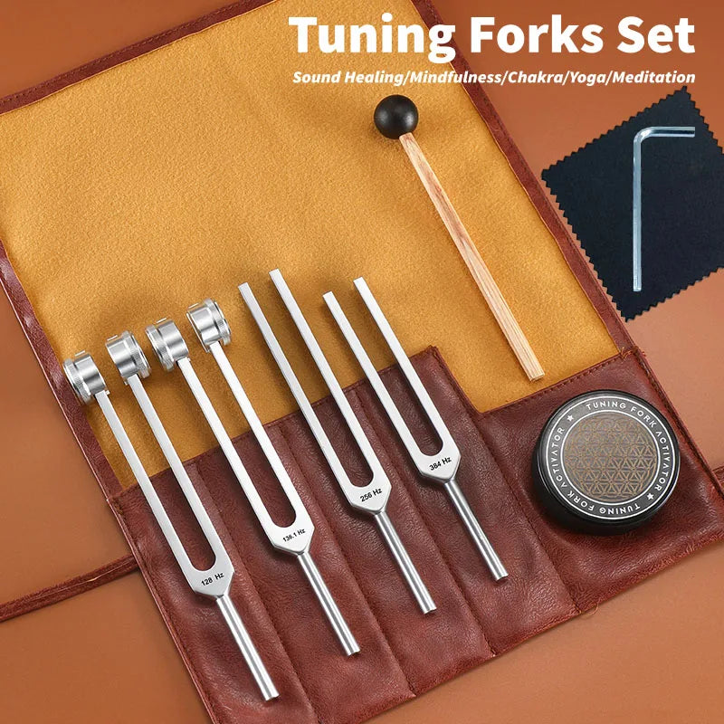 Resonance Sound Healing Tuning Forks Set 6PC-128Hz, 136.1Hz, 256Hz, 384Hz with Activator for Stress Relief, Relaxation & Chakra