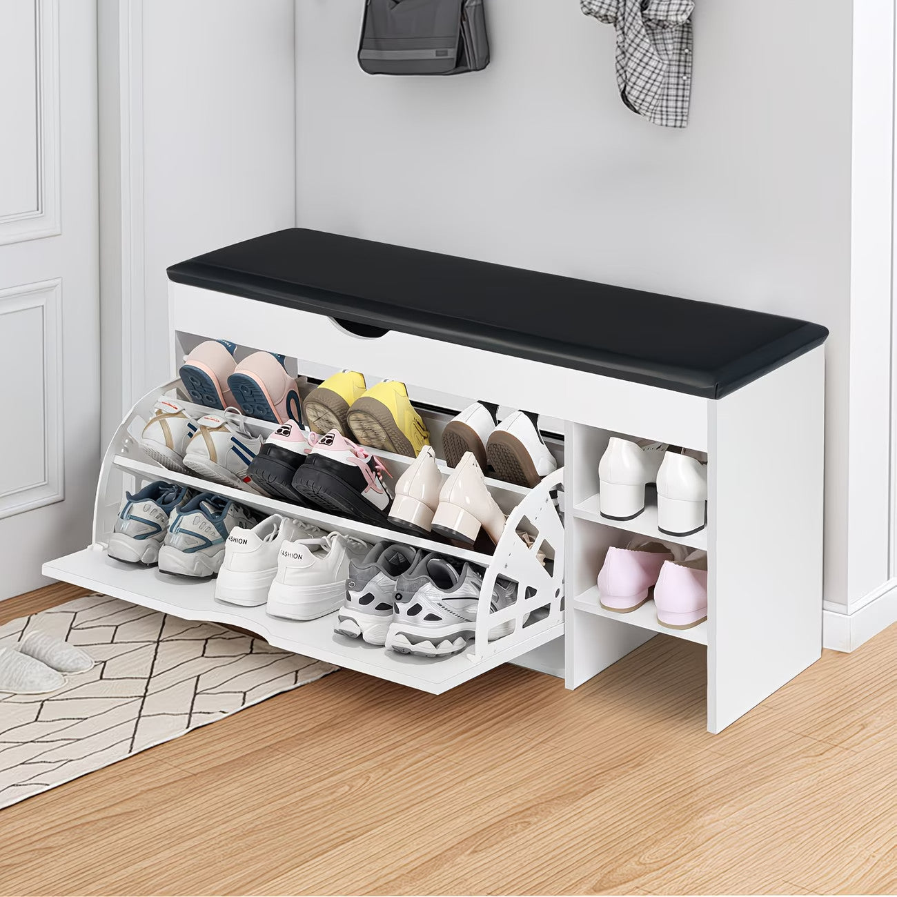 Shoe Bench Organizer 3 Tier Wooden Storage Unit Entryway Hallway Cabinet Stand
