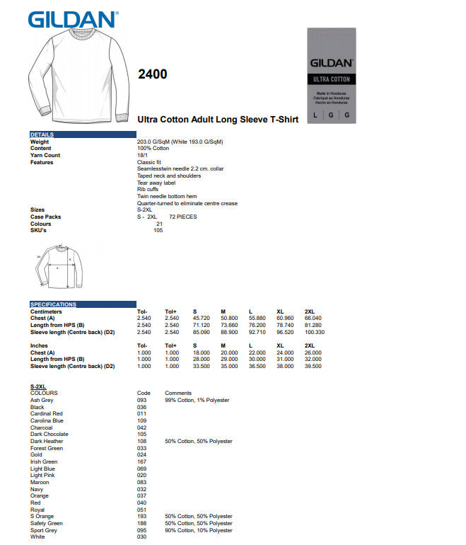 Gildan Mens Ultra Cotton Adult Long Sleeve T-Shirt Classic Fit Rib Cuffs Tee TOP