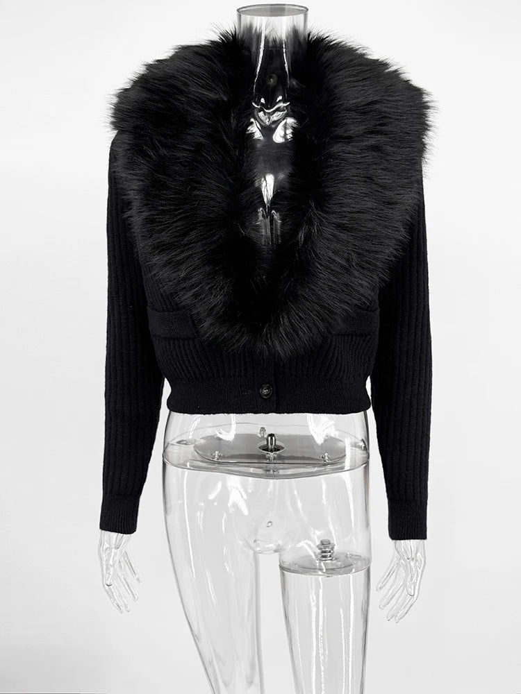 Trendix Black Knit Cardigan For Women Winter Detachable Faux Fur Collar Short Tops Street Slim Party Elegant Outerwear Top Femme