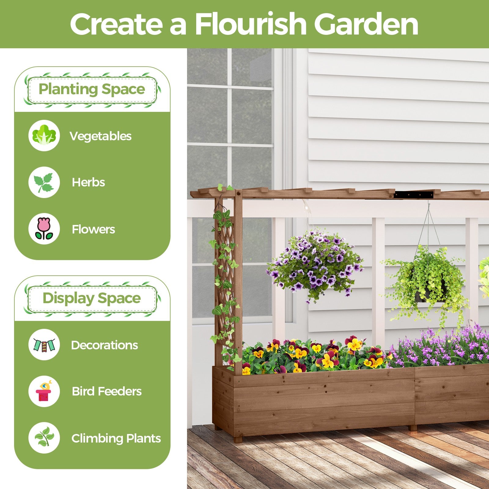 Fir Wood Planter Box with Drainage Holes & Bottom Gaps