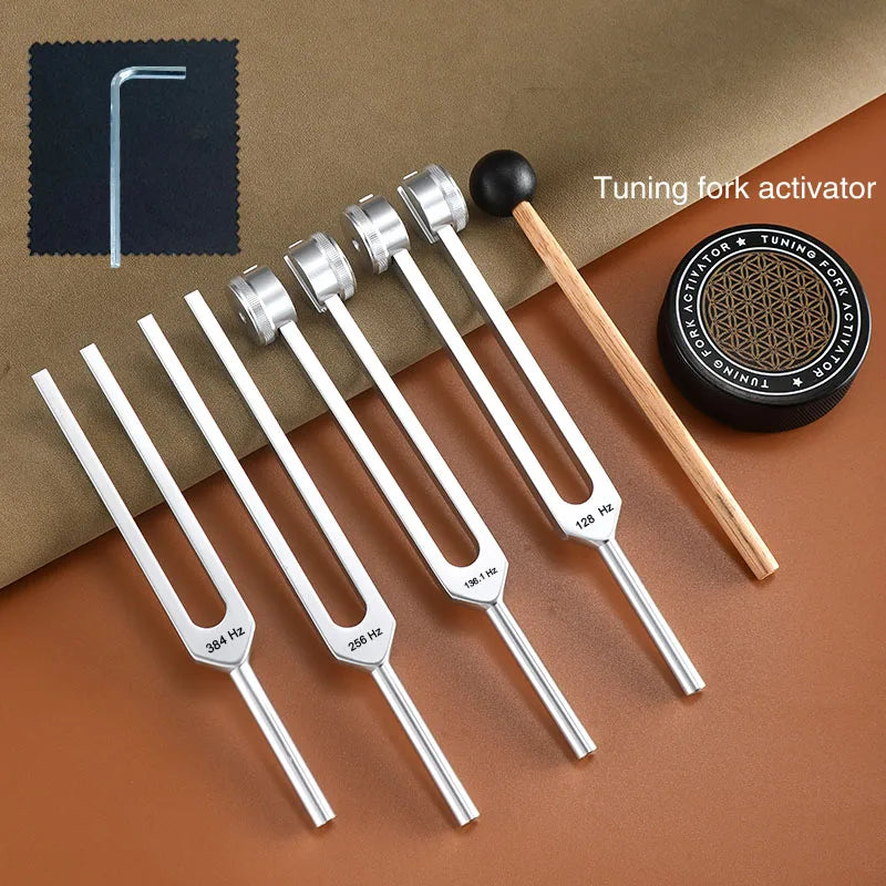 Resonance Sound Healing Tuning Forks Set 6PC-128Hz, 136.1Hz, 256Hz, 384Hz with Activator for Stress Relief, Relaxation & Chakra