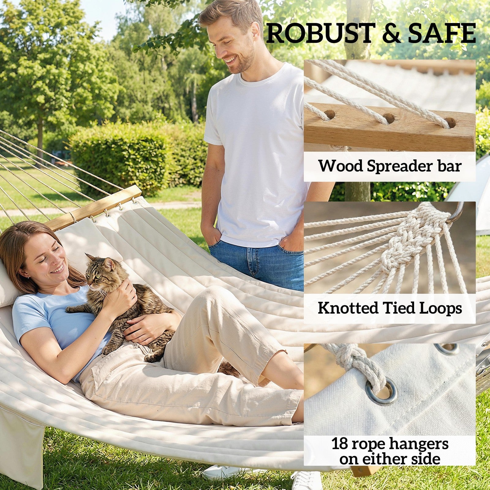 Outsunny Double Hammock 2-Person Padded Swing Bed Cream White