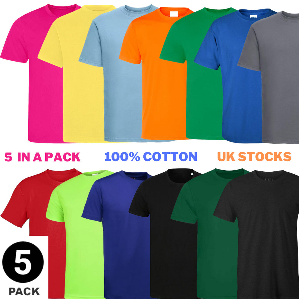 5 PACK Men's T-Shirt Heavy Cotton Plain Short Sleeve Tees 100% Cotton Blank Tees