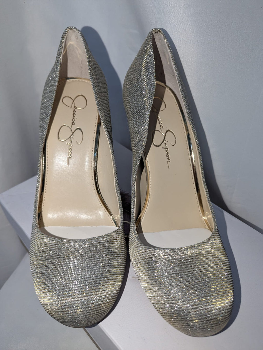 Jessica Simpson Women's Calie Pump Gold Glitter Gabor Heels Shoes Size 6 UK #45
