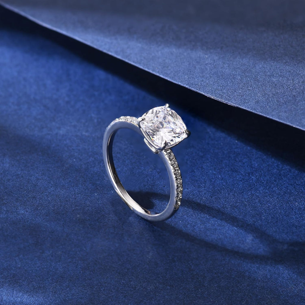 2ct Cushion Cut Moissanite Rings for Women, D Color VVS1 Clarity Lab Created Diamond Rings 14K White Yellow Gold Vermeil Moissanite Engagement Rings for Women Wife Jewelry Gifts