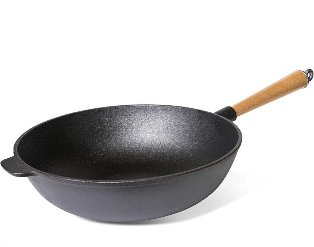 Kasian House Cast Iron Wok with Wooden Handle and Lid, Pre-Seasoned, 12" Dia