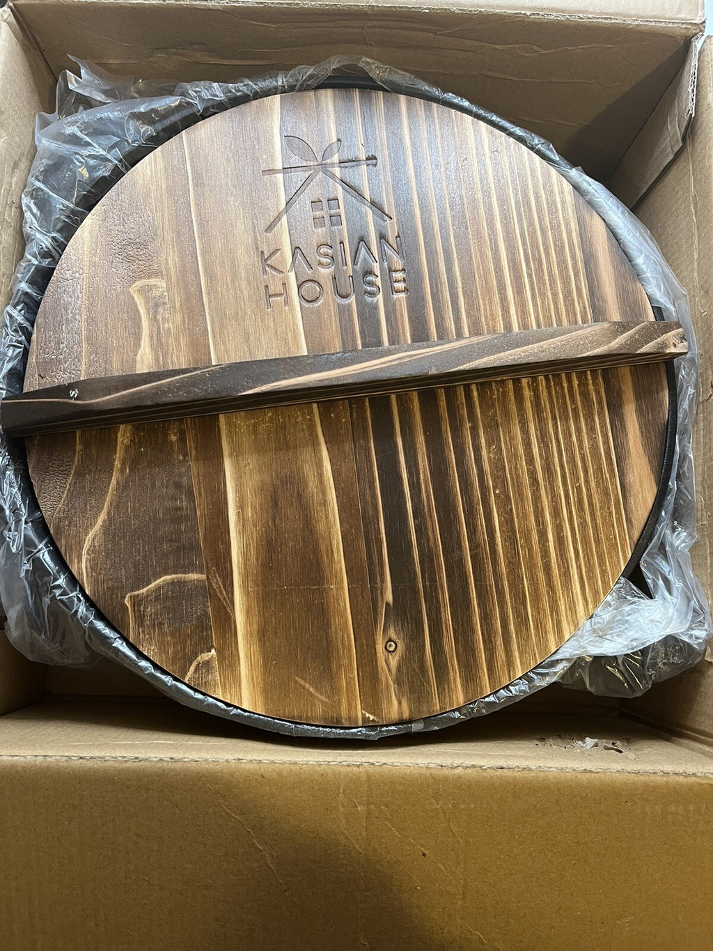 Kasian House Cast Iron Wok with Wooden Handle and Lid, Pre-Seasoned, 12" Dia