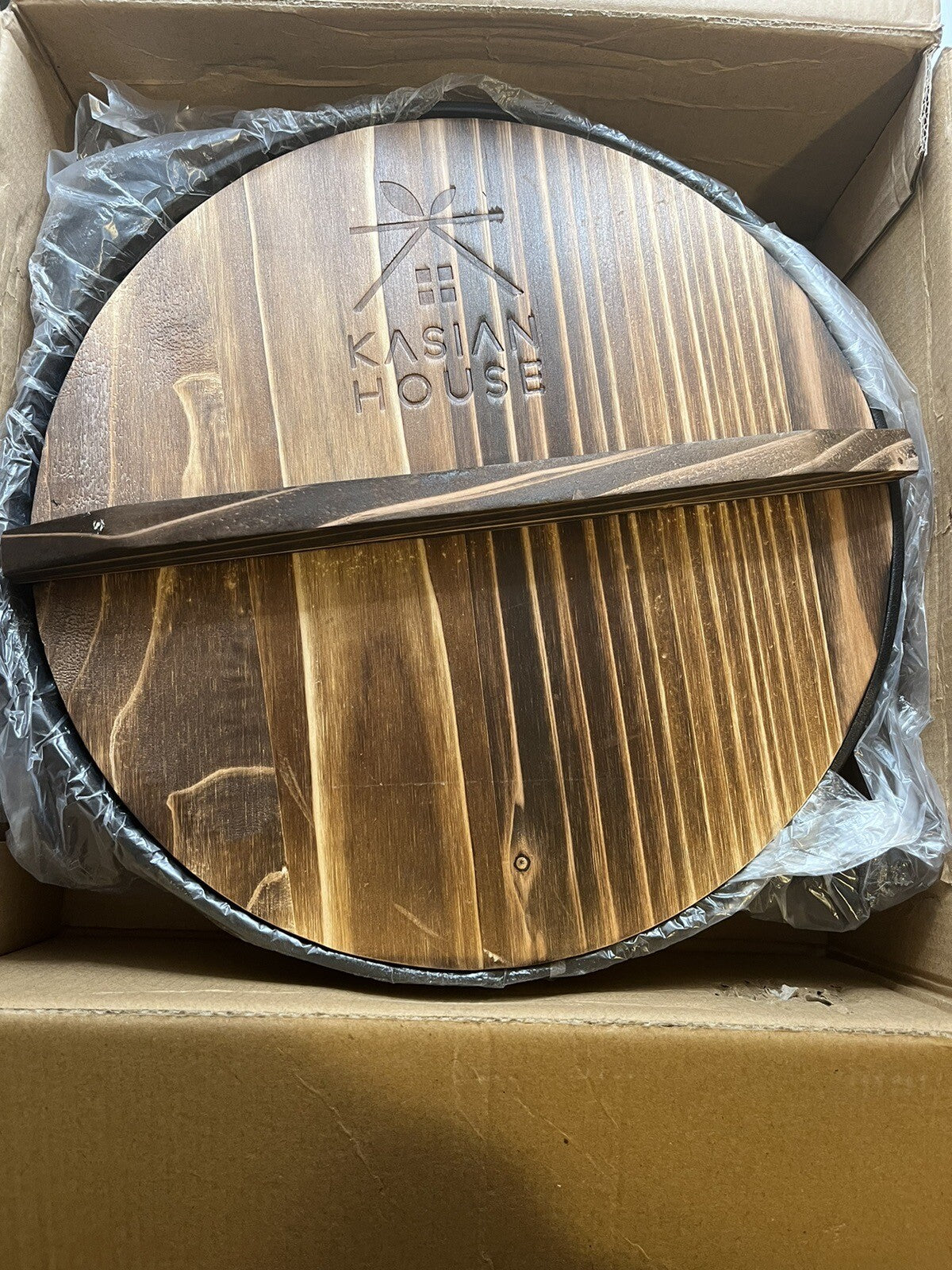 Kasian House Cast Iron Wok with Wooden Handle and Lid, Pre-Seasoned, 12" Dia