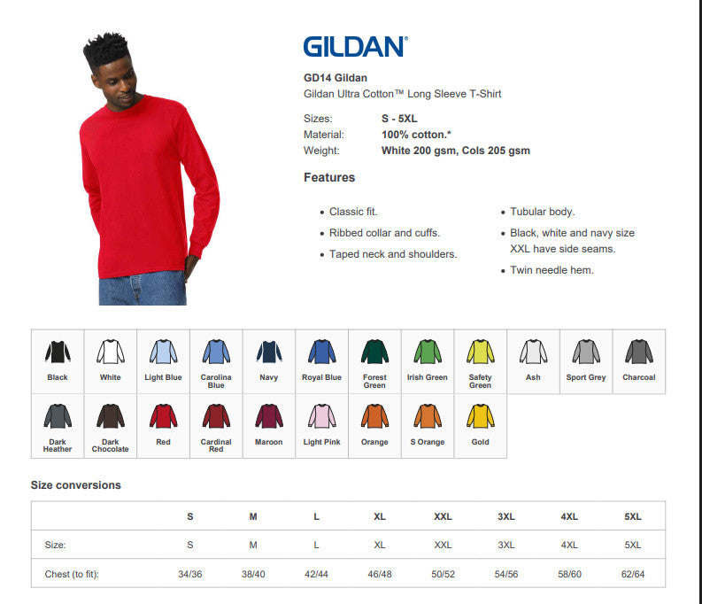 Gildan Mens Ultra Cotton Adult Long Sleeve T-Shirt Classic Fit Rib Cuffs Tee TOP