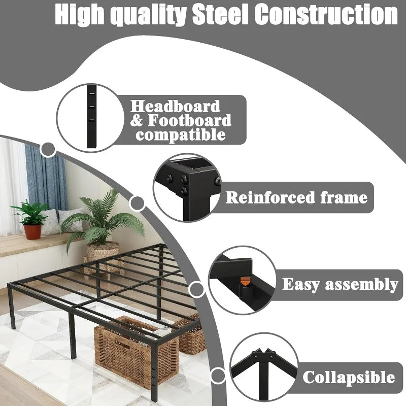 Bed Frame 18 Inch High Metal Mattress Foundation Platform, Sturdy Steel Plate Bracket, No Need for Box Springs, Easy To Assemble