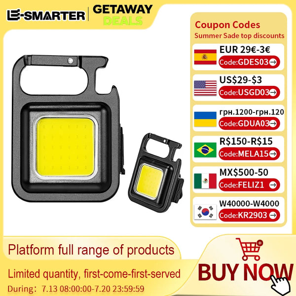 COB LED Mini Flashlight Super Bright EDC Keychain Light Outdoor Emergency Camping Pocket Lamp With Tail Magnet Corkscrew