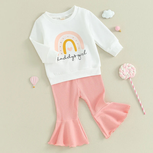 Citgeett Autumn Toddler Girls Fall Pants Sets Long Sleeve Letter Rainbow Print Sweatshirt Tops Solid Color Flared Pants Sets