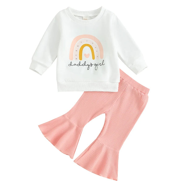 Citgeett Autumn Toddler Girls Fall Pants Sets Long Sleeve Letter Rainbow Print Sweatshirt Tops Solid Color Flared Pants Sets