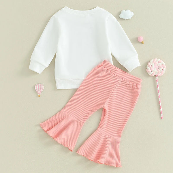 Citgeett Autumn Toddler Girls Fall Pants Sets Long Sleeve Letter Rainbow Print Sweatshirt Tops Solid Color Flared Pants Sets