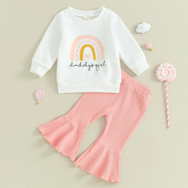 Citgeett Autumn Toddler Girls Fall Pants Sets Long Sleeve Letter Rainbow Print Sweatshirt Tops Solid Color Flared Pants Sets