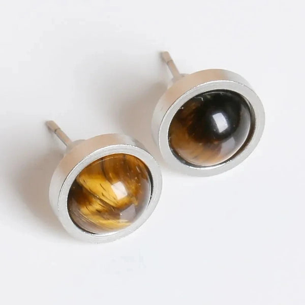 Fashion Handmade Lovely 10mm Natural Stone Stud Earrings Stainless Steel Earrings Tiger Eyes Agate Women Jewelry Gift OLstyle
