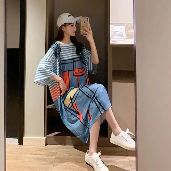 Fashion Printed Striped Fake Two Pieces Casual Dresses Female Clothing 2024 Summer New Loose Korean Batwing Sleeve Midi Dress