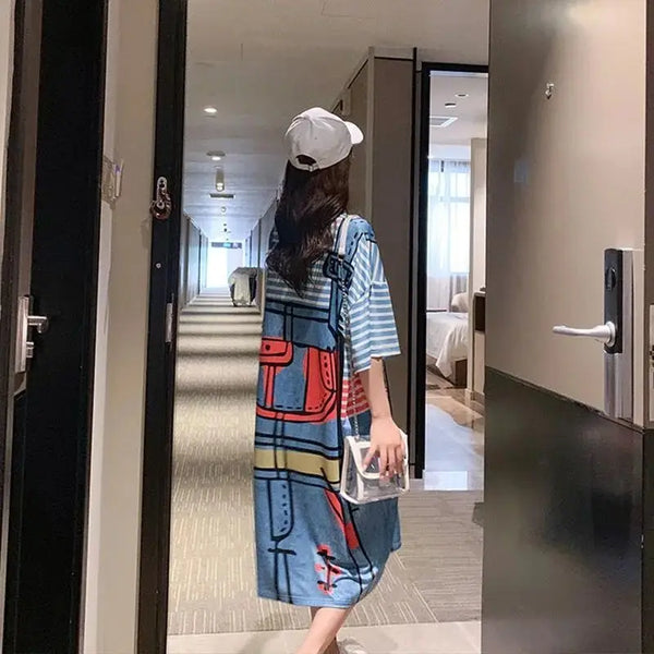 Fashion Printed Striped Fake Two Pieces Casual Dresses Female Clothing 2024 Summer New Loose Korean Batwing Sleeve Midi Dress