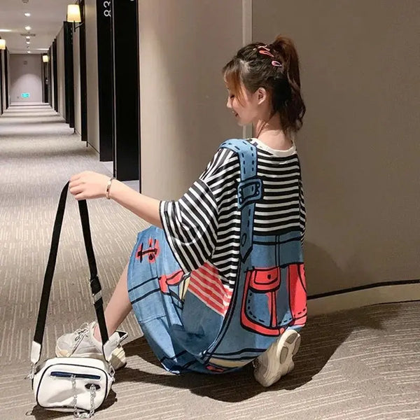 Fashion Printed Striped Fake Two Pieces Casual Dresses Female Clothing 2024 Summer New Loose Korean Batwing Sleeve Midi Dress