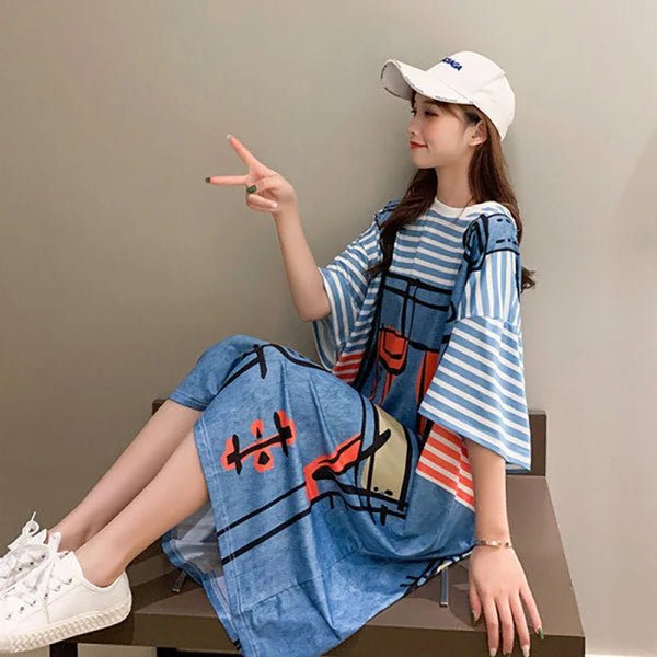 Fashion Printed Striped Fake Two Pieces Casual Dresses Female Clothing 2024 Summer New Loose Korean Batwing Sleeve Midi Dress