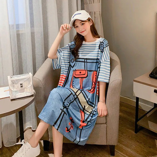 Fashion Printed Striped Fake Two Pieces Casual Dresses Female Clothing 2024 Summer New Loose Korean Batwing Sleeve Midi Dress
