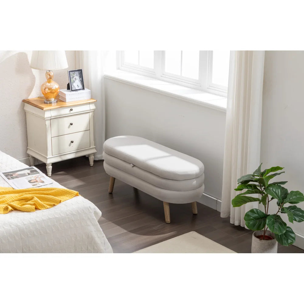 036-Velvet Fabric Storage Bench Bedroom Bench With Wood Legs for Living Room Bedroom Indoor,Light Gray