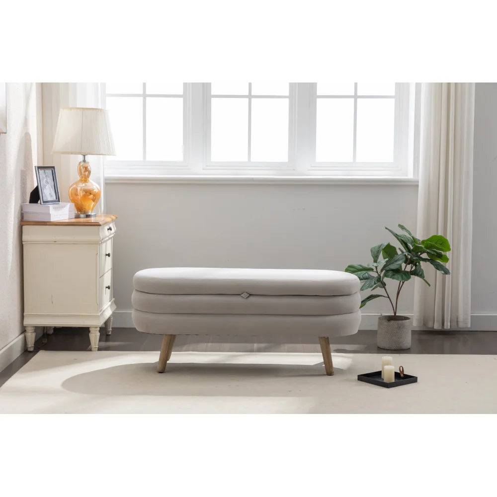 036-Velvet Fabric Storage Bench Bedroom Bench With Wood Legs for Living Room Bedroom Indoor,Light Gray