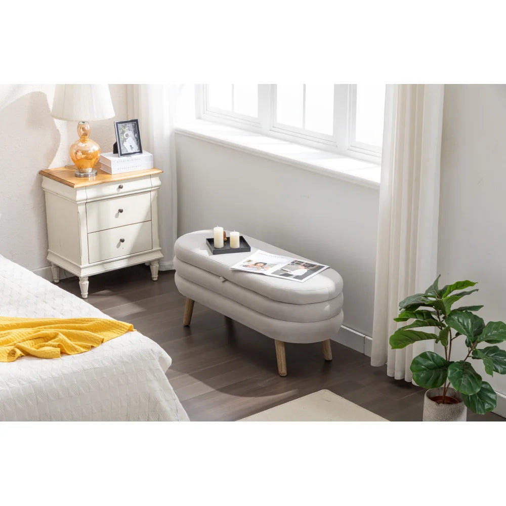 036-Velvet Fabric Storage Bench Bedroom Bench With Wood Legs for Living Room Bedroom Indoor,Light Gray