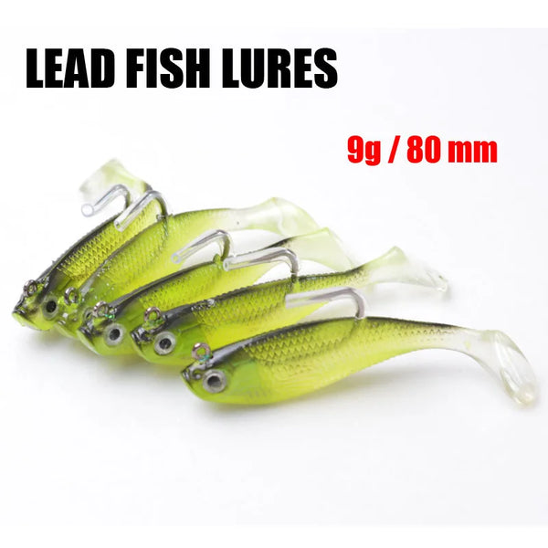 5Pcs/Lot 3D Eyes Lead Fishing Lures With T Tail Soft Fishing Lure Single Hook Baits artificial bait jig wobblers rubber 80mm/9g
