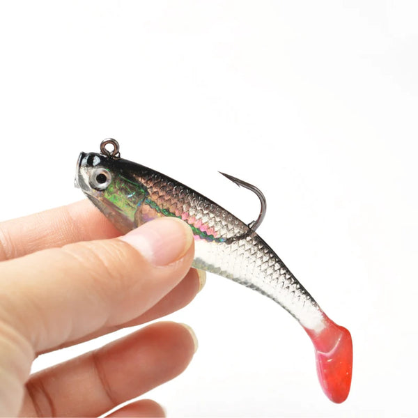 5Pcs/Lot 3D Eyes Lead Fishing Lures With T Tail Soft Fishing Lure Single Hook Baits artificial bait jig wobblers rubber 80mm/9g