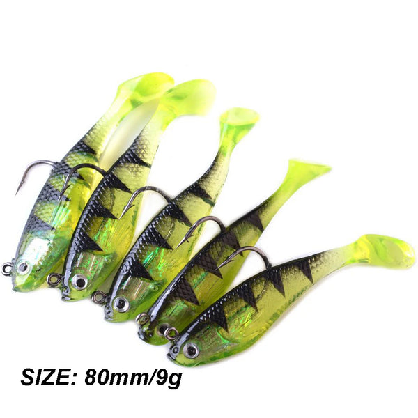 5Pcs/Lot 3D Eyes Lead Fishing Lures With T Tail Soft Fishing Lure Single Hook Baits artificial bait jig wobblers rubber 80mm/9g