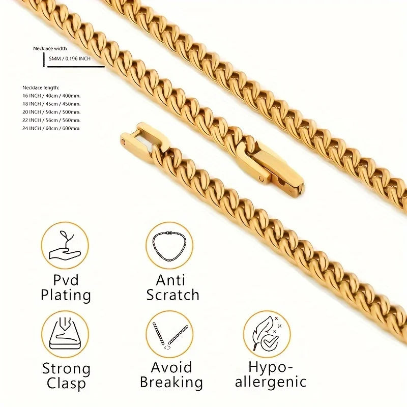 5mm Cuban Link 18K Real Gold Plated Miami Cuban Curb Necklace Hip Hop Jewelry 16/18/20/22/24 Inch Neck Chains for Men Women