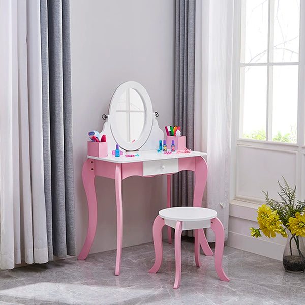 2 in 1 Kids Dressing Table Mirrored Set Wooden Vanity Makeup Dressing Table with Writing Board