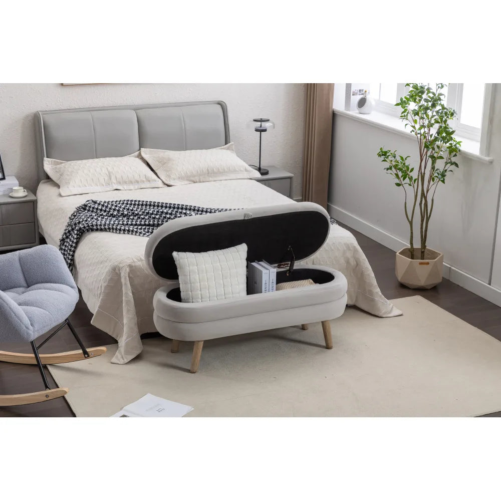 036-Velvet Fabric Storage Bench Bedroom Bench With Wood Legs for Living Room Bedroom Indoor,Light Gray