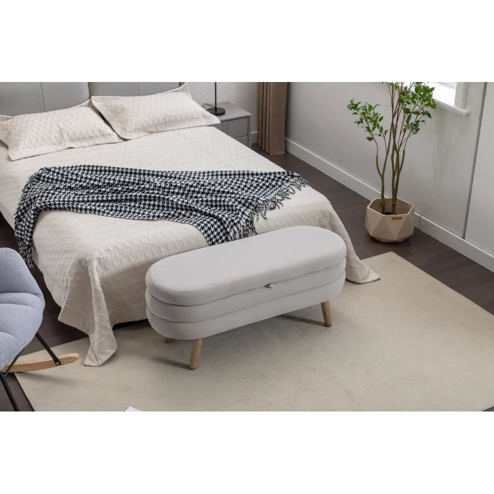 036-Velvet Fabric Storage Bench Bedroom Bench With Wood Legs for Living Room Bedroom Indoor,Light Gray